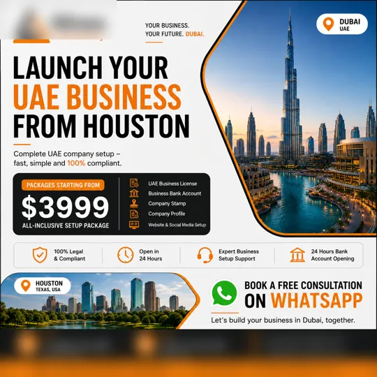 Meta ad (static) for business setup, Dubai → Houston: “Launch your UAE business from Houston.”