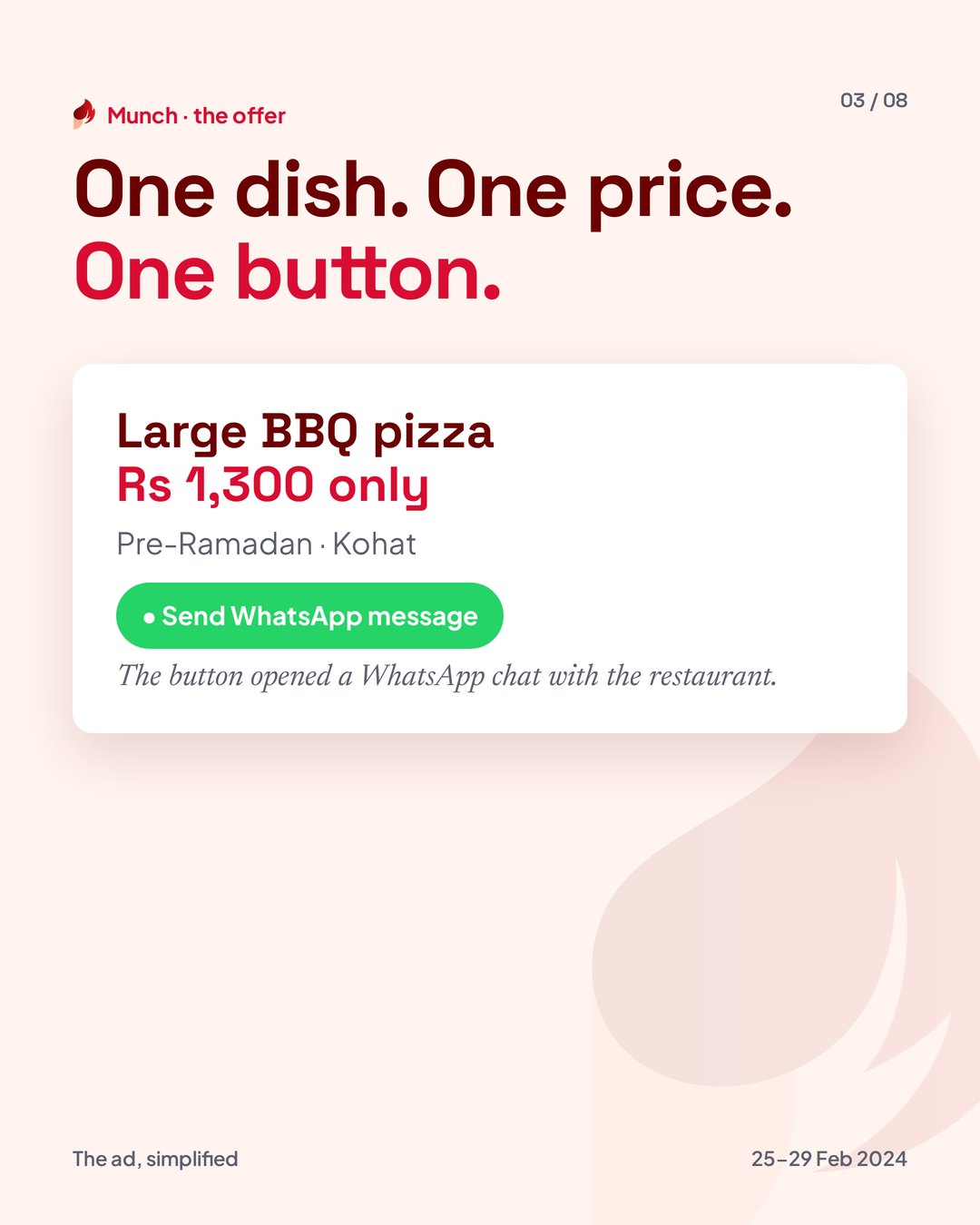 Kohat restaurants case study, slide 3 of 8: Munch, a Rs 1,300 pizza offer that opened WhatsApp