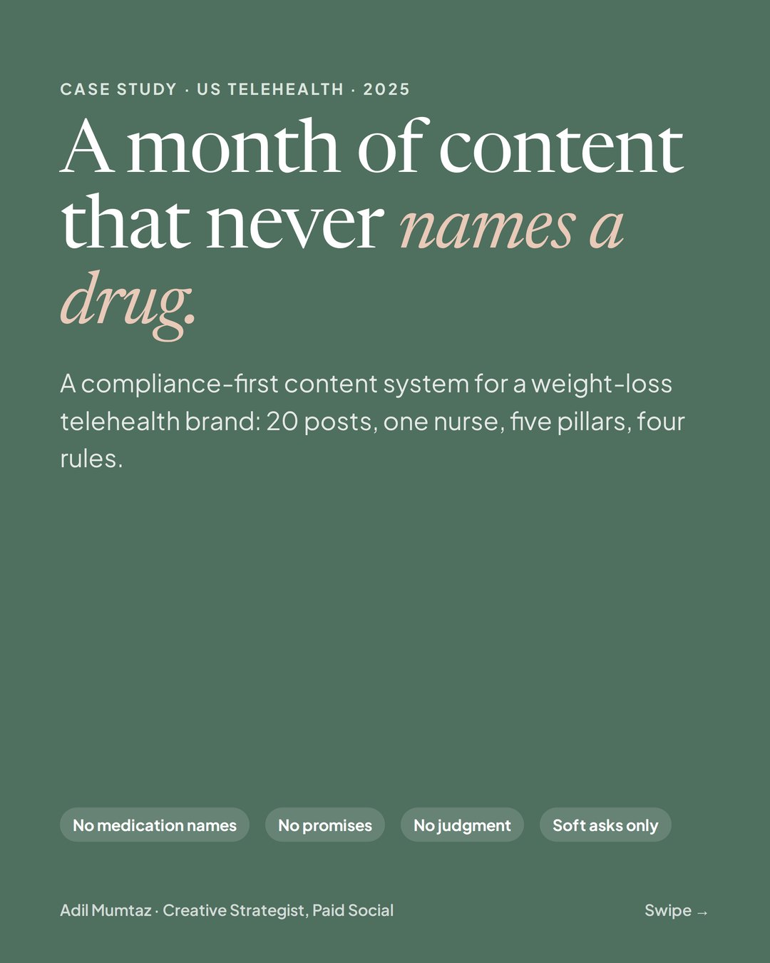 Telehealth content system case study, slide 1 of 8: cover, a month of content that never names a drug