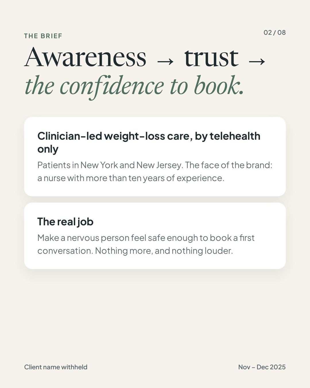 Telehealth content system case study, slide 2 of 8: the brief, awareness to trust to booking