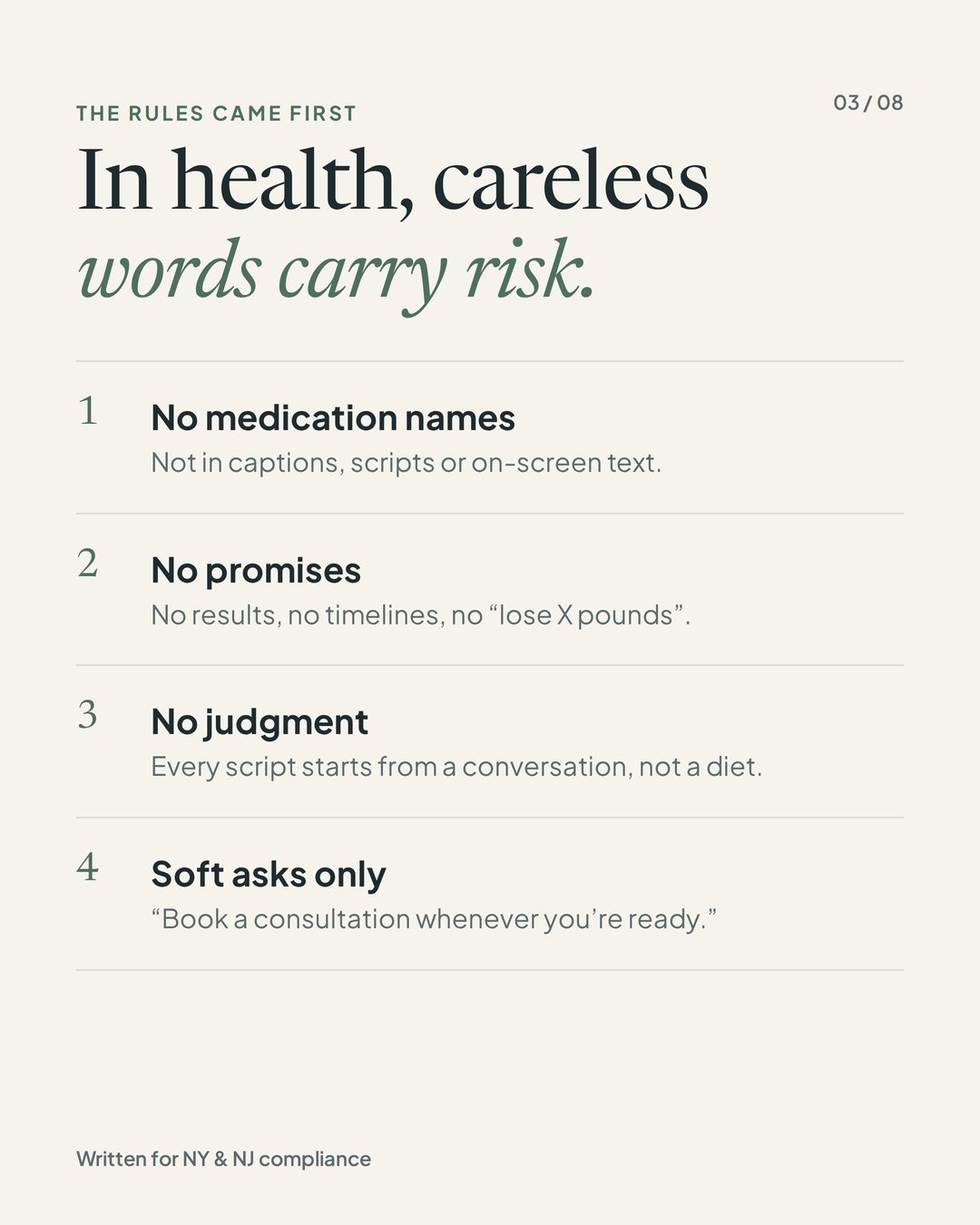 Telehealth content system case study, slide 3 of 8: the four rules