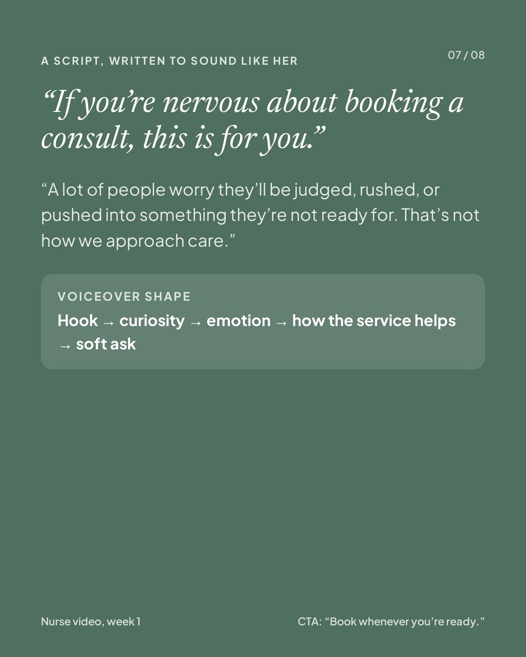 Telehealth content system case study, slide 7 of 8: a nurse script, if you're nervous about booking