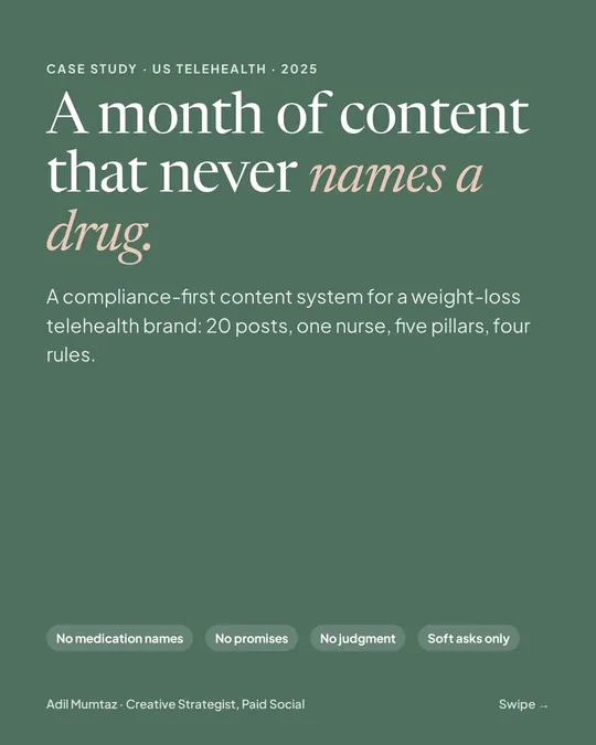 Telehealth content system case study cover: a month of content that never names a drug