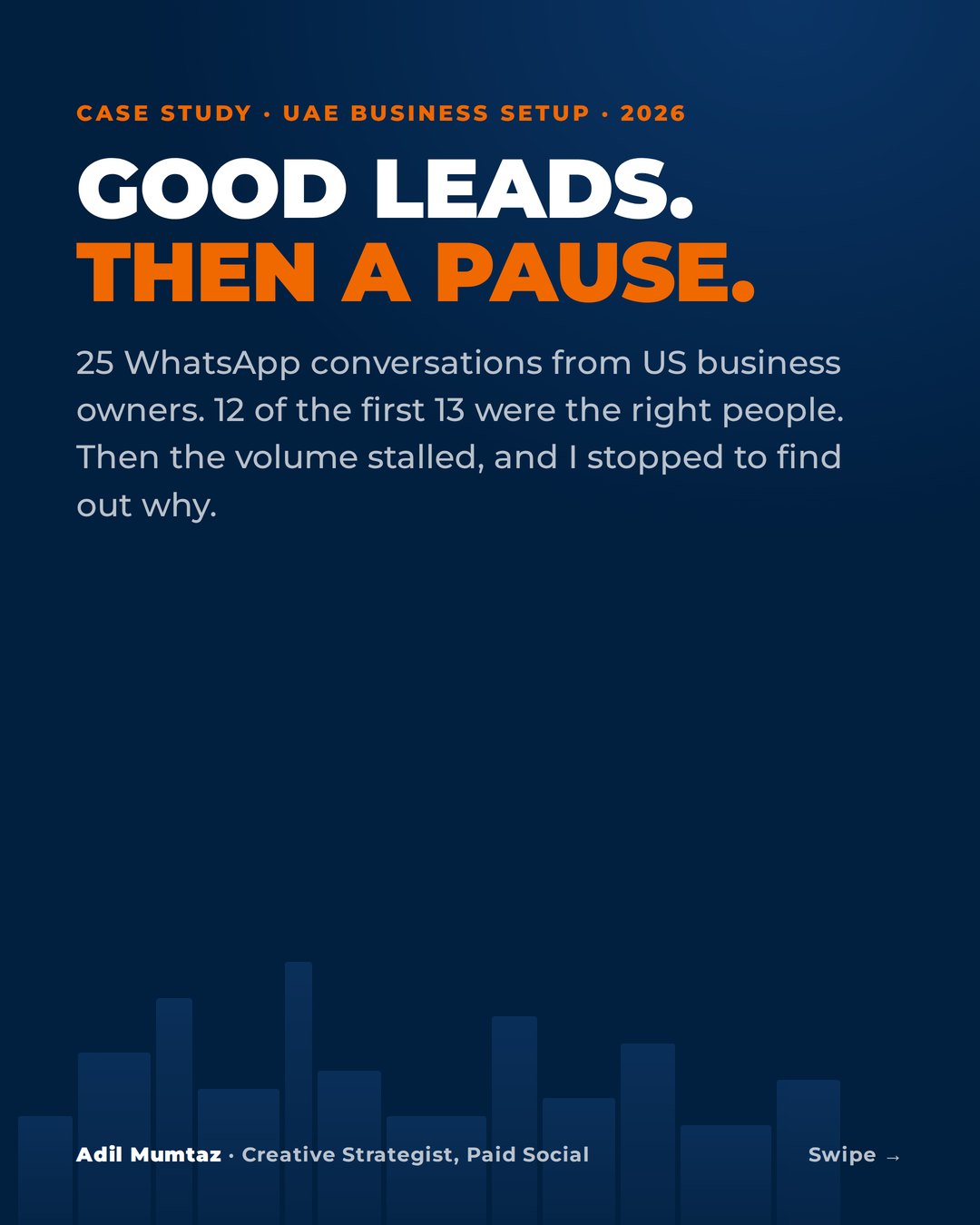 UAE business-setup case study, slide 1 of 8: cover, good leads then a pause