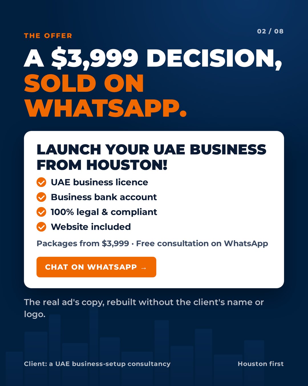 UAE business-setup case study, slide 2 of 8: the offer, launch your UAE business from Houston from $3,999