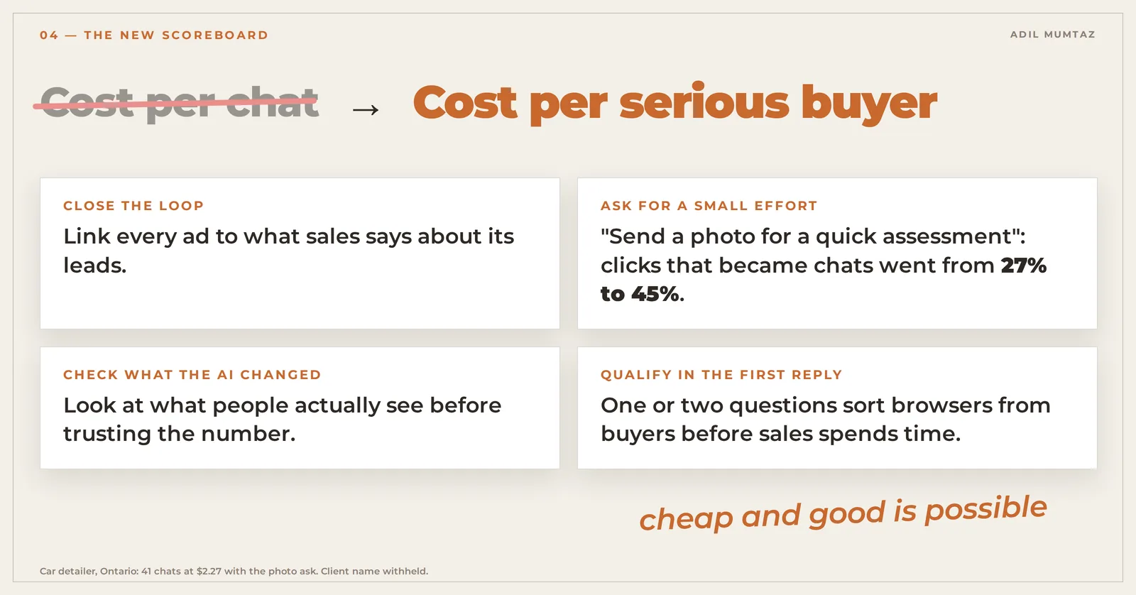 Scoreboard moving from cost per chat to cost per serious buyer