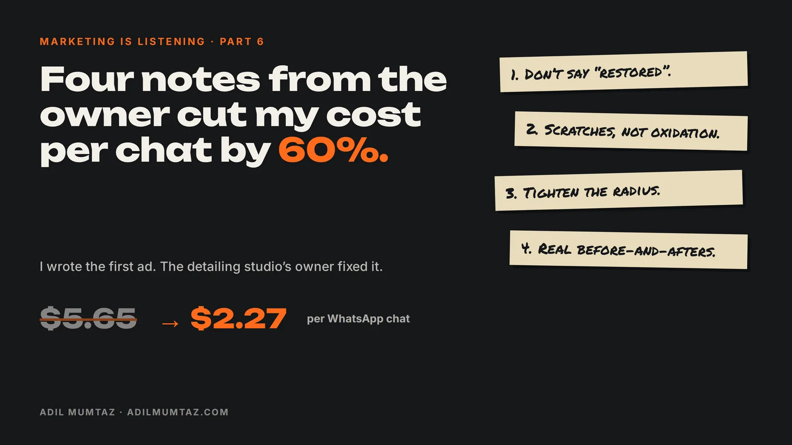 Marketing Is Listening, Part 6 cover: four notes from the owner cut my cost per chat by 60%