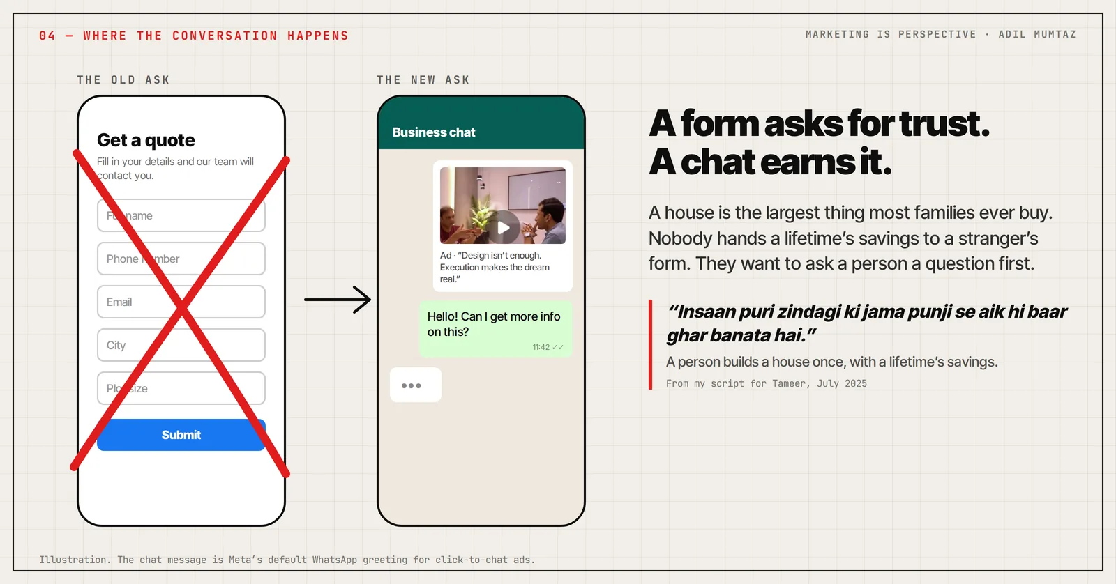 Lead form compared with a WhatsApp chat as the way to start a conversation