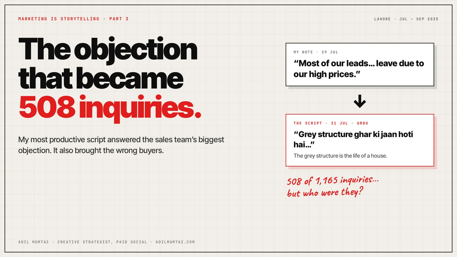 Marketing Is Storytelling, Part 3 cover: the objection that became 508 inquiries