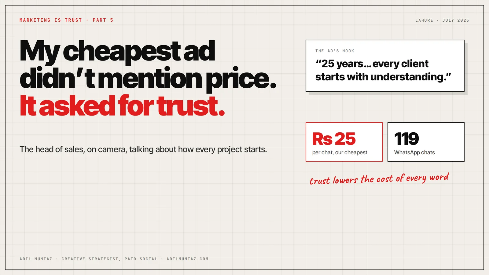 Marketing Is Trust, Part 5 cover: my cheapest ad didn't mention price